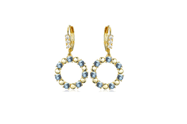 GOLD CZ AQUAMARINE ROUND HANGING EARRINGS