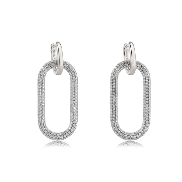 SILVER CZ OVAL HANGING EARRINGS