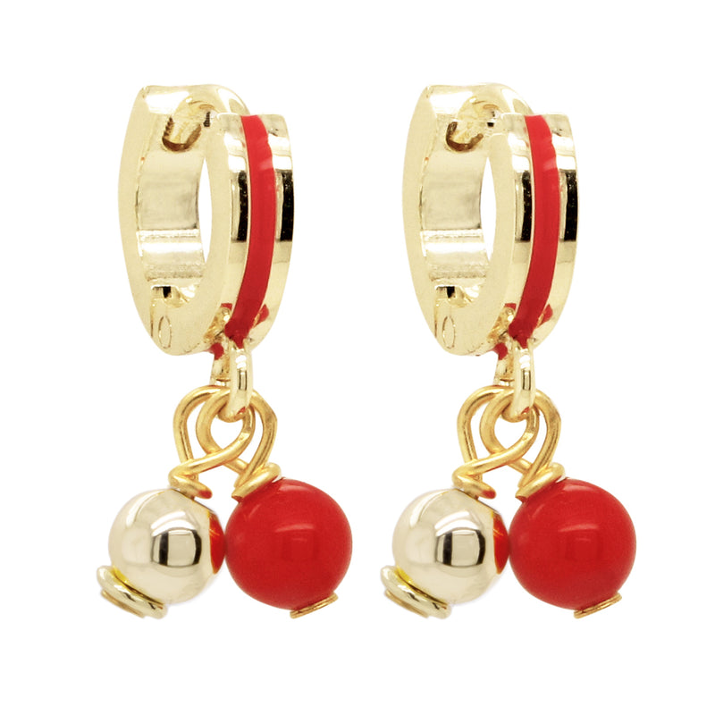 RED AND GOLD PEARL HUGGIE HOOP EARRINGS