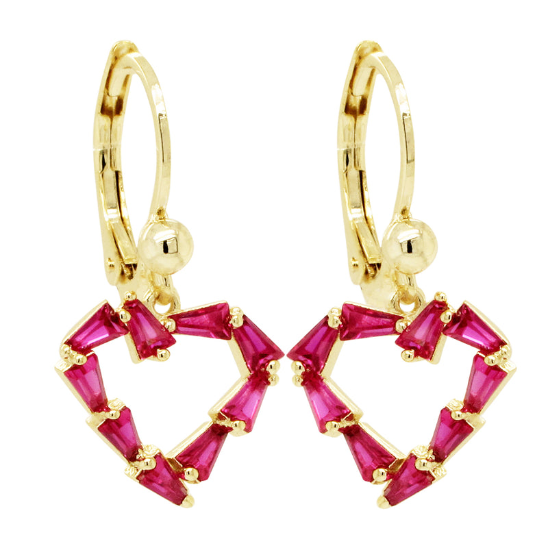 GOLD RUBY HEART HANGING EARRINGS