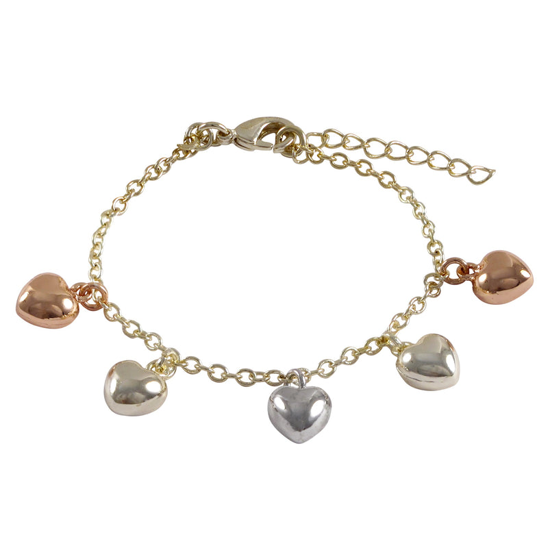 GOLD ROSE GOLD SILVER PUFFY HEART CHARM BRACELET