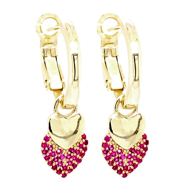 GOLD RUBY HEART HANGING EARRINGS