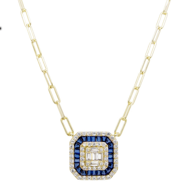 GOLD SAPPHIRE SQUARE PAPERCLIP CHAIN PENDANT NECKLACE