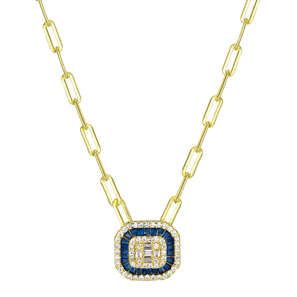 SAPPHIRE RECTANGLE PAPERCLIP CHAIN PENDANT NECKLACE