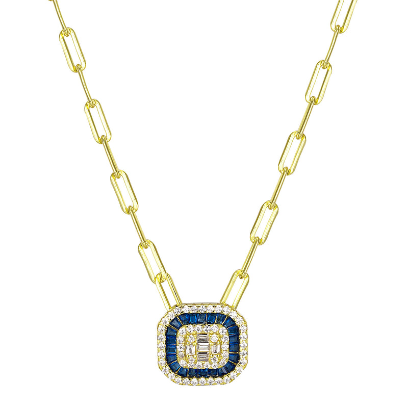 SAPPHIRE RECTANGLE PAPERCLIP CHAIN PENDANT NECKLACE