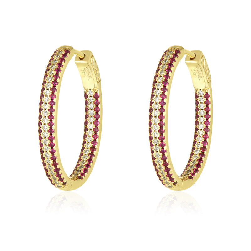 GOLD CZ RUBY HOOP EARRING