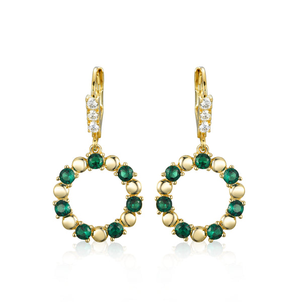 GOLD CZ EMERALD ROUND HANGING EARRINGS