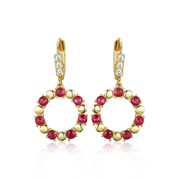 GOLD CZ RUBY ROUND HANGING EARRINGS