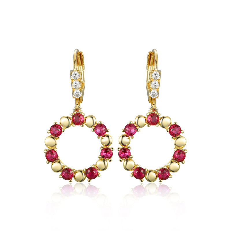 GOLD CZ RUBY ROUND HANGING EARRINGS