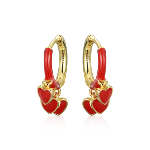 GOLD ENAMEL RED HEARTS HANGING EARRINGS