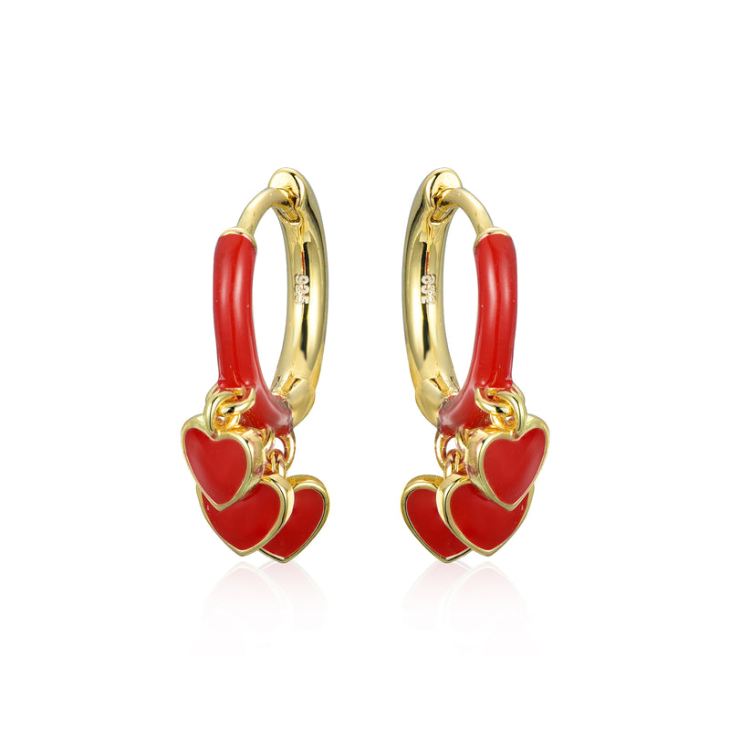 GOLD ENAMEL RED HEARTS HANGING EARRINGS