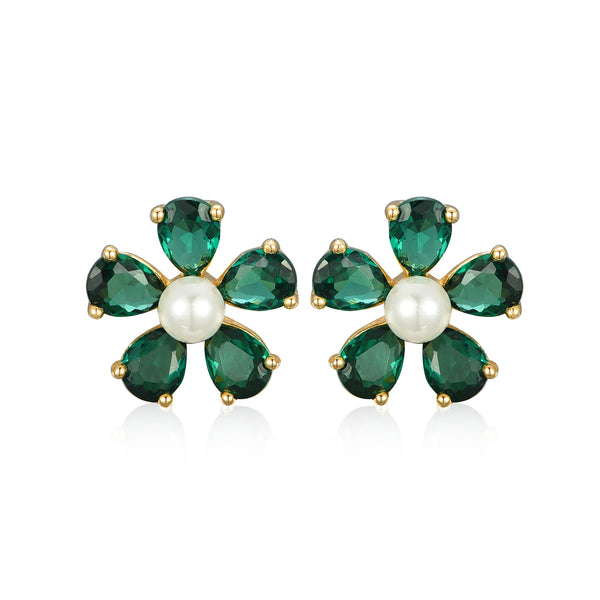 EMERALD FLOWER PEARL STUD EARRINGS