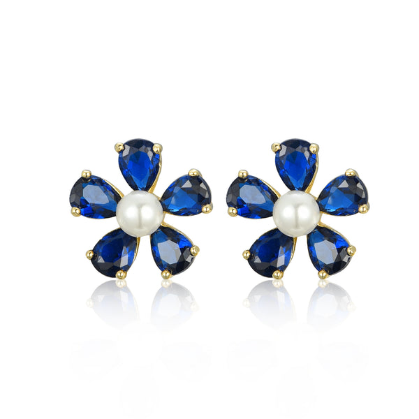 SAPPHIRE FLOWER PEARL STUD EARRINGS