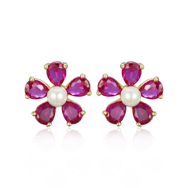 RUBY FLOWER PEARL STUD EARRINGS