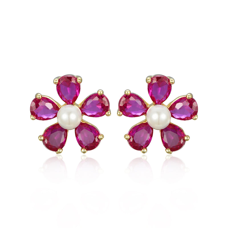 RUBY FLOWER PEARL STUD EARRINGS