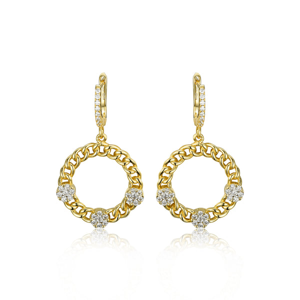 GOLD CURB CZ ROUND HANGING EARRINGS