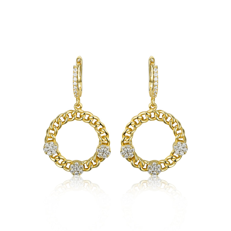 GOLD CURB CZ ROUND HANGING EARRINGS