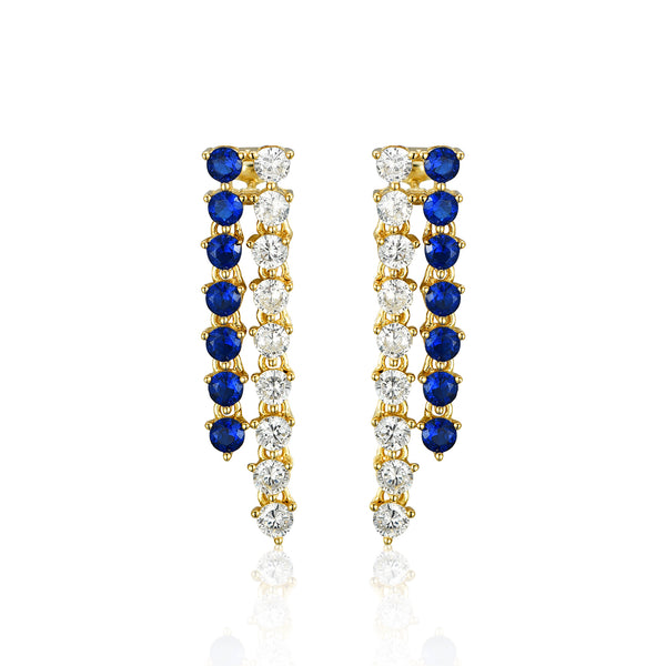 SAPPHIRE GOLD THREE CLAW DOUBLE TENNIS EARRINGS