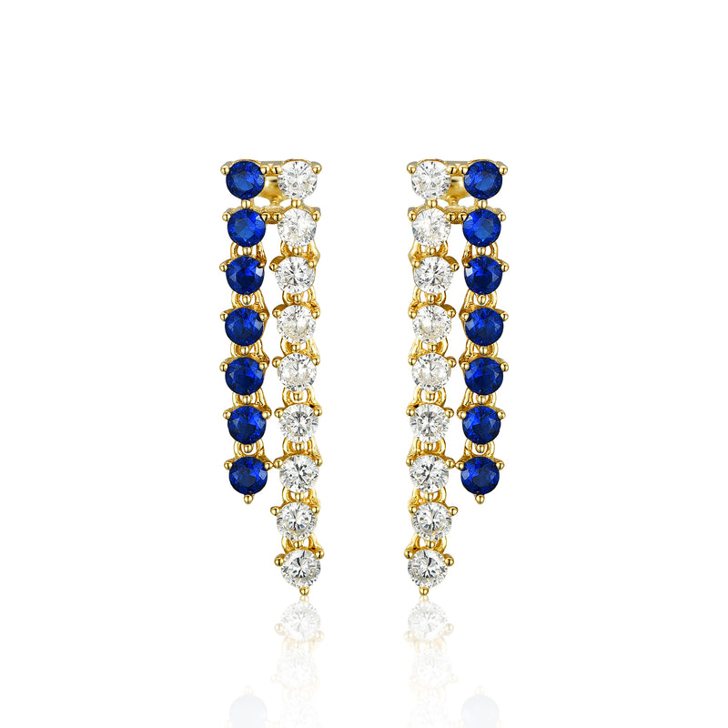 SAPPHIRE GOLD THREE CLAW DOUBLE TENNIS EARRINGS