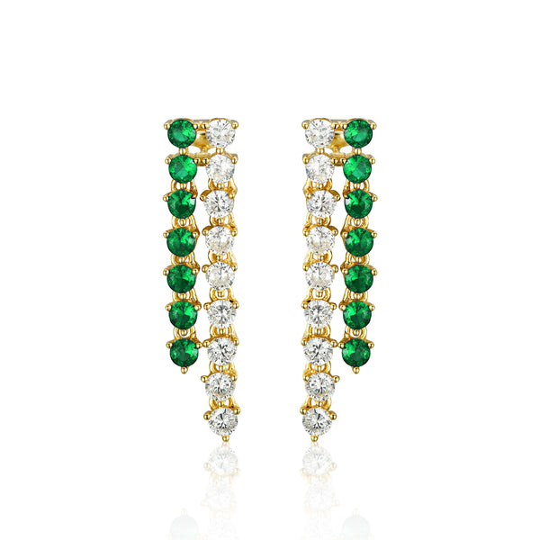 EMERALD GOLD THREE CLAW DOUBLE TENNIS EARRINGS