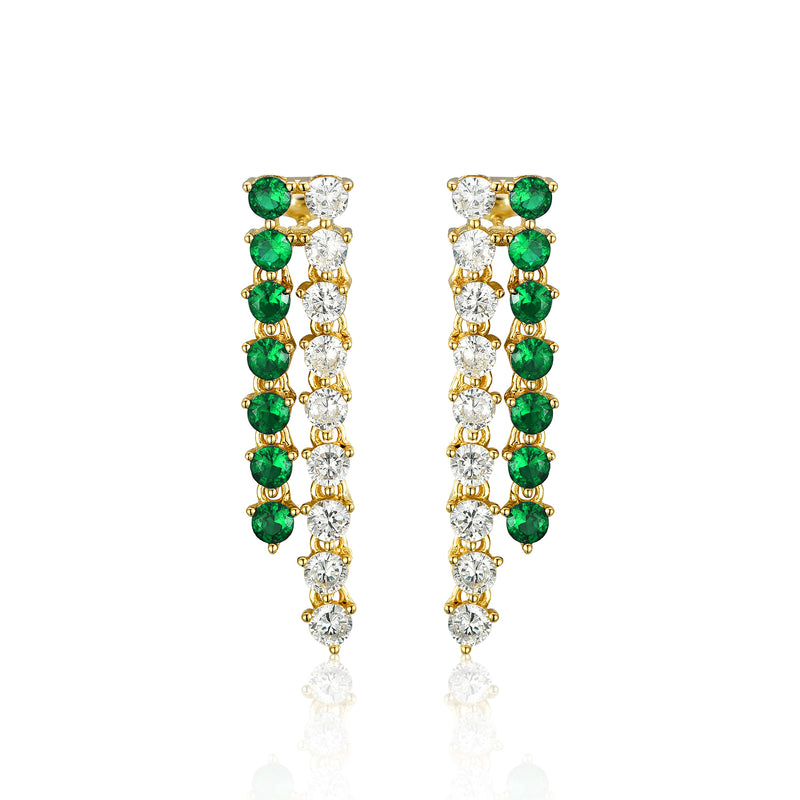 EMERALD GOLD THREE CLAW DOUBLE TENNIS EARRINGS