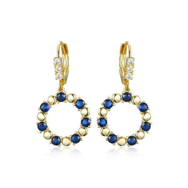 GOLD CZ SAPPHIRE ROUND HANGING EARRINGS