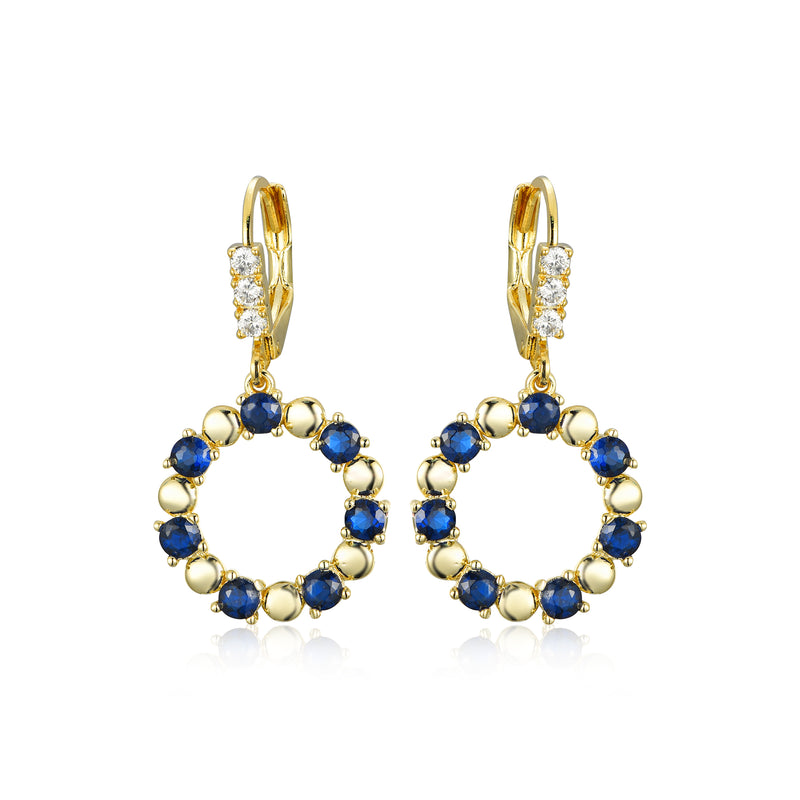 GOLD CZ SAPPHIRE ROUND HANGING EARRINGS