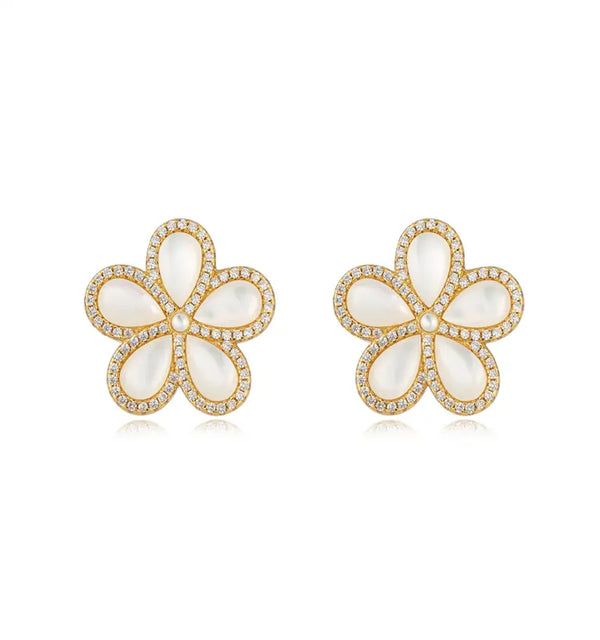 MOTHER OF PEARL CZ FLOWER STUD EARRINGS