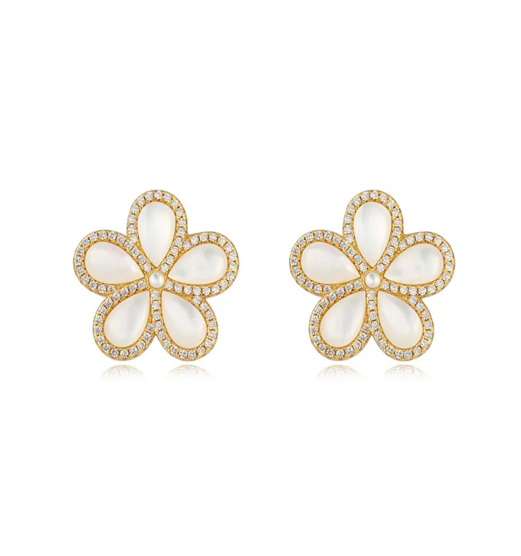 MOTHER OF PEARL CZ FLOWER STUD EARRINGS