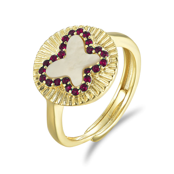 GOLD MOTHER OF PEARL RUBY BUTTERFLY RING