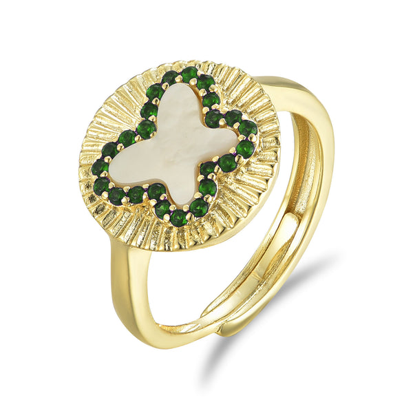 GOLD MOTHER OF PEARL EMERALD BUTTERFLY RING