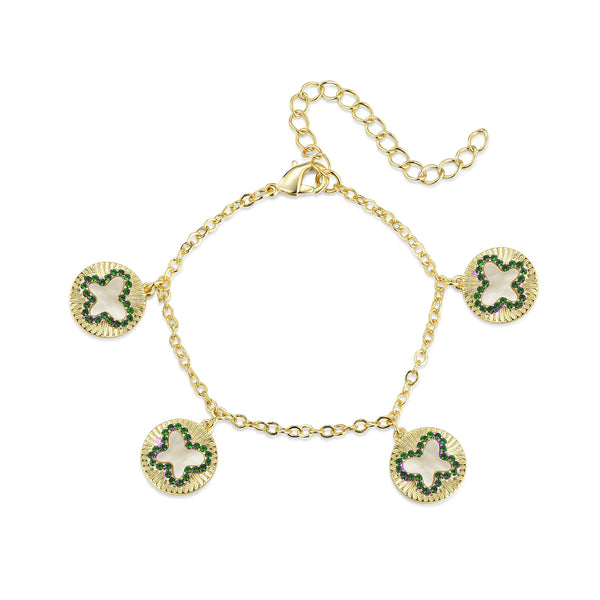 GOLD MOTHER OF PEARL EMERALD BUTTERFLY CHARM BRACELET