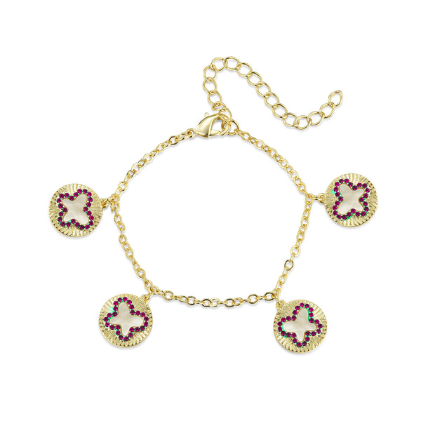 GOLD MOTHER OF PEARL RUBY BUTTERFLY CHARM BRACELET