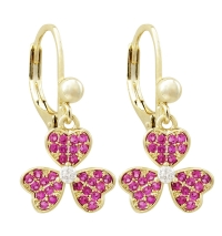 GOLD PINK RUBY FLOWER HANGING EARRINGS