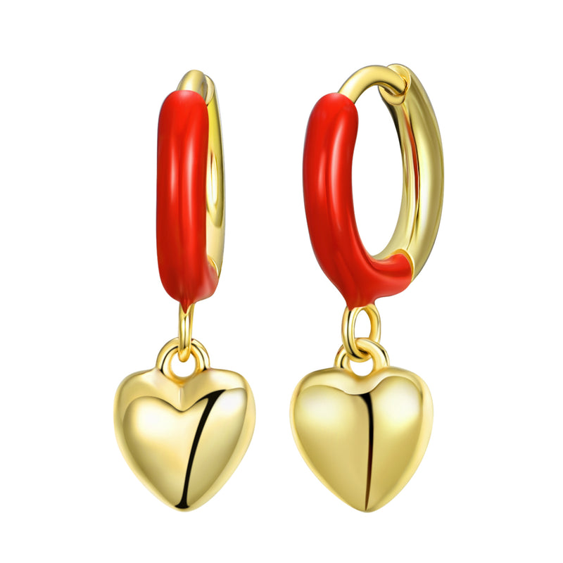 GOLD RED ENAMEL HEART HANGING EARRINGS