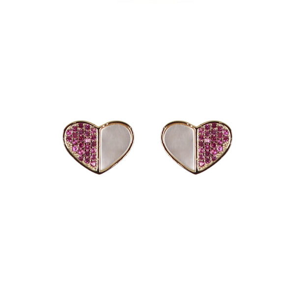 GOLD MOTHER OF PEARL RUBY HEART STUD EARRINGS