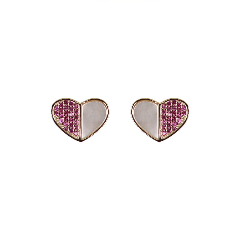 GOLD MOTHER OF PEARL RUBY HEART STUD EARRINGS