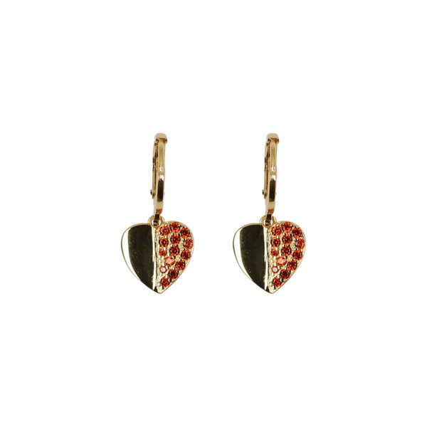 GOLD CZ GARNET HEART HANGING EARRINGS