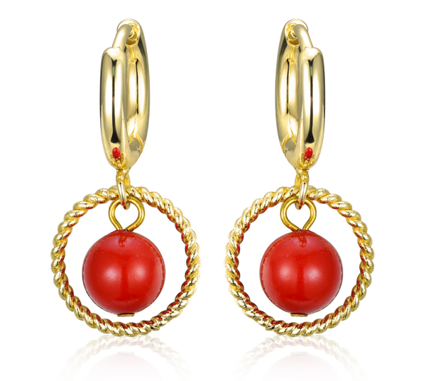 GOLD ROUND RED PEARL HANGING EARRINGS