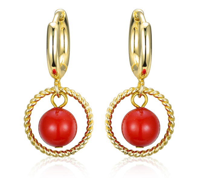 GOLD ROUND RED PEARL HANGING EARRINGS