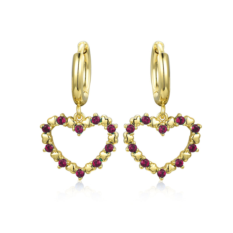 GOLD RUBY HEART HANGING EARRINGS