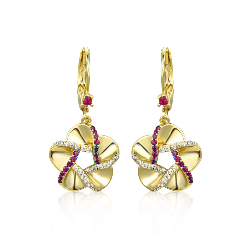 GOLD CZ RUBY FLOWER HANGING EARRINGS