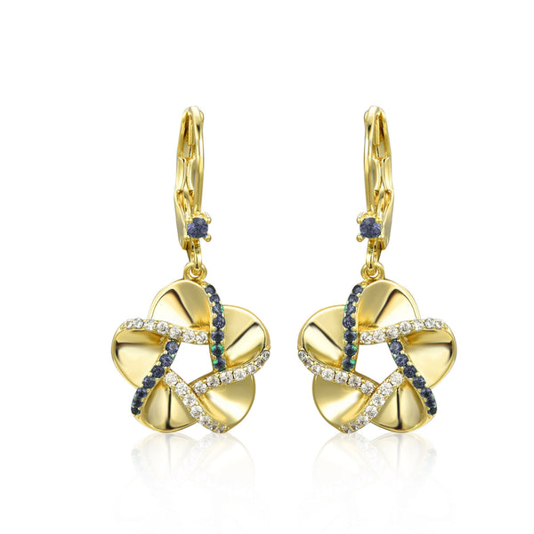 GOLD CZ SAPPHIRE FLOWER HANGING EARRINGS