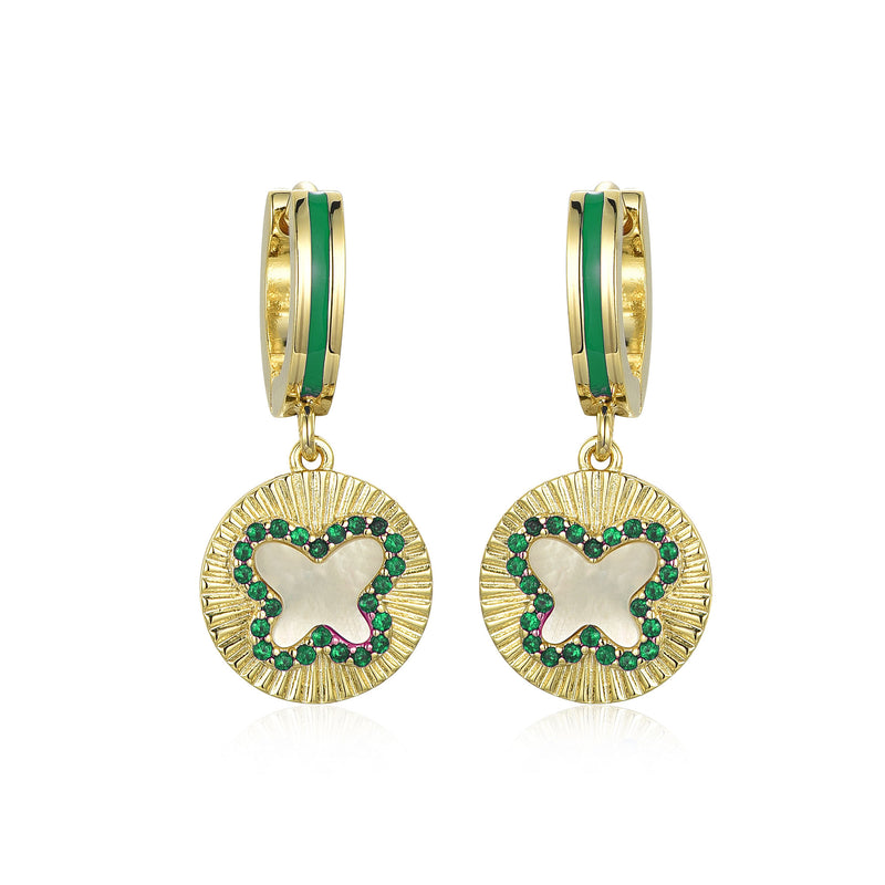 GOLD MOTHER OF PEARL EMERALD BUTTERFLY HANGING EARRINGS