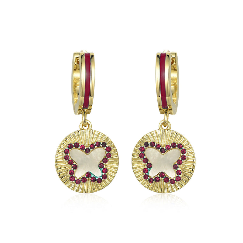 GOLD MOTHER OF PEARL RUBY BUTTERFLY HANGING EARRINGS