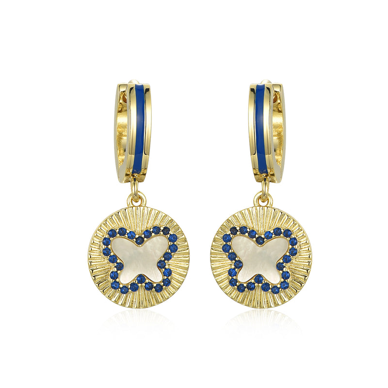 GOLD MOTHER OF PEARL SAPPHIRE BUTTERFLY HANGING EARRINGS