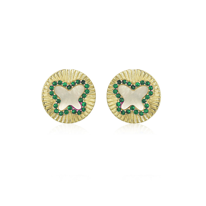 GOLD MOTHER OF PEARL EMERALD BUTTERFLY STUD EARRINGS