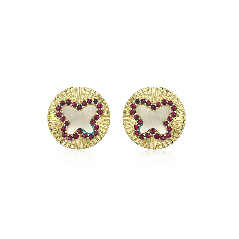 GOLD MOTHER OF PEARL RUBY BUTTERFLY STUD EARRINGS