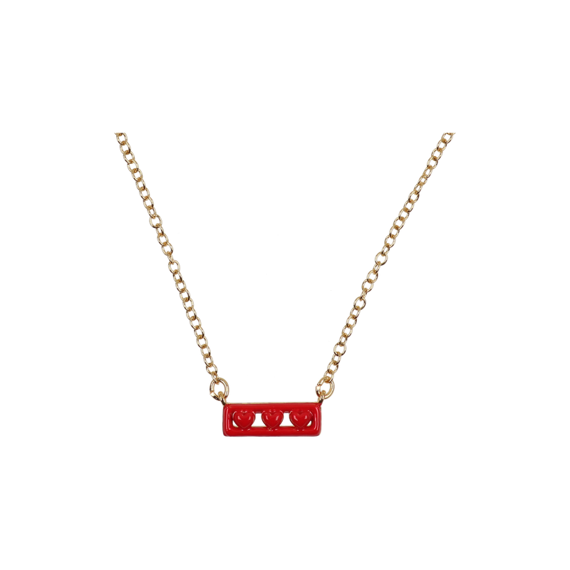 GOLD RED ENAMEL HEART BAR NECKLACE