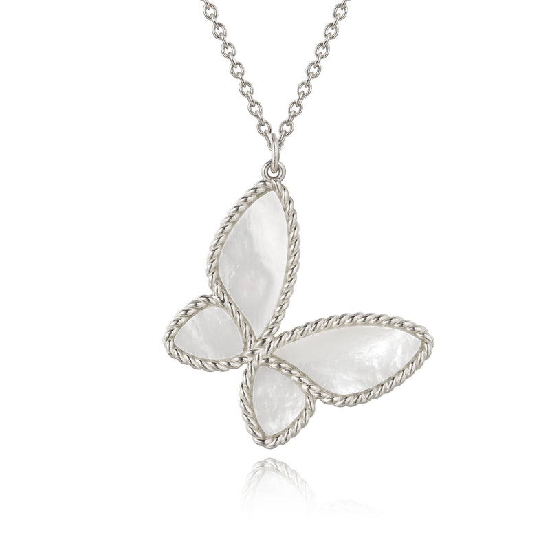 MOTHER OF PEARL SILVER BUTTERFY PENDANT NECKLACE